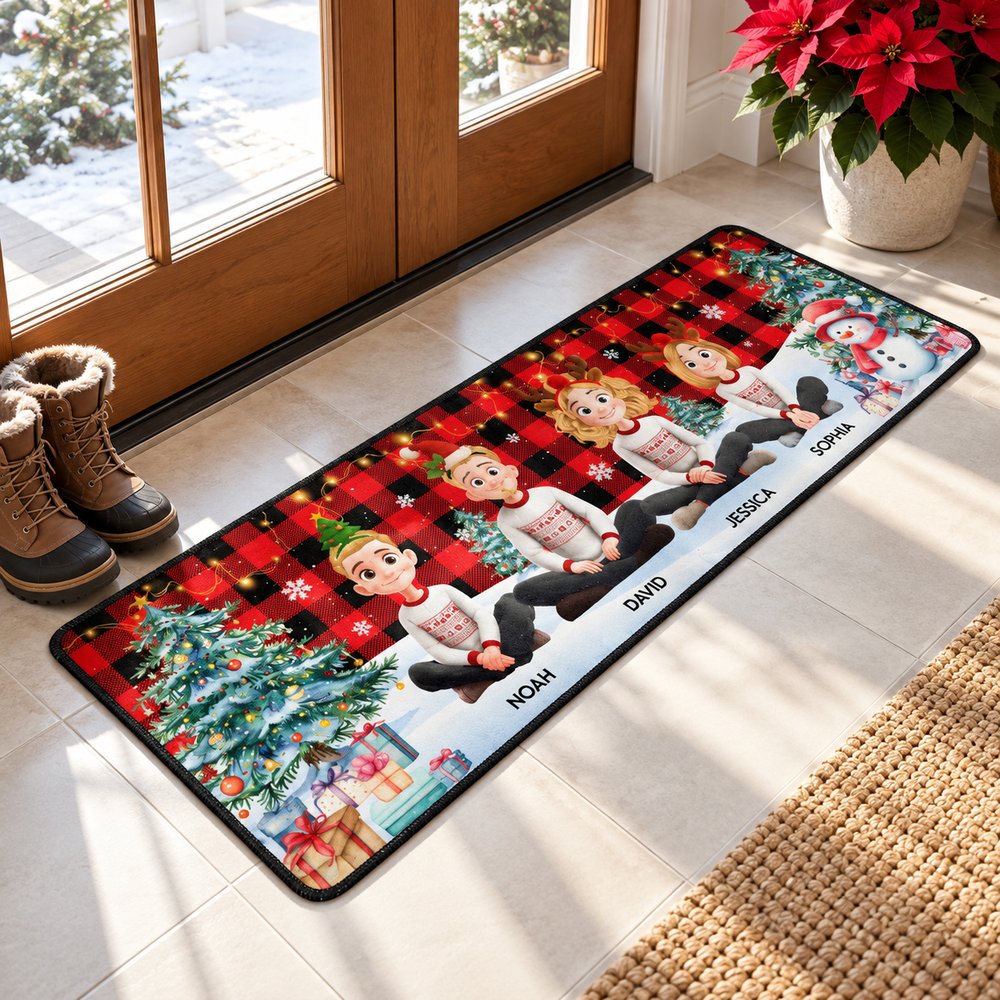 Personalized buffalo plaid runner rug next to winter boots showing true scale in an entryway