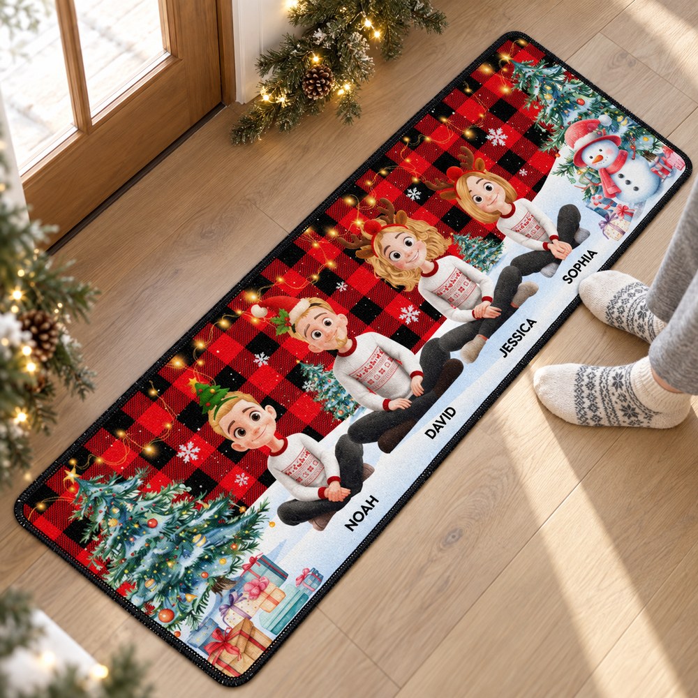 Personalized family Christmas buffalo plaid runner rug lying flat in a bright home entryway
