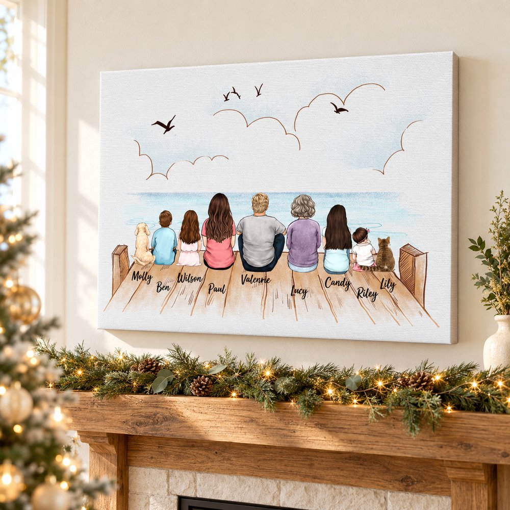 Custom Family Canvas Prints sitting on bridge hanging above holiday fireplace mantel