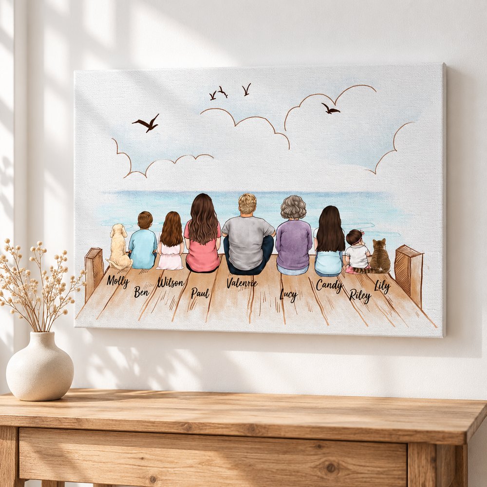 Personalized family sitting on the bridge canvas wall art displayed in bright entryway