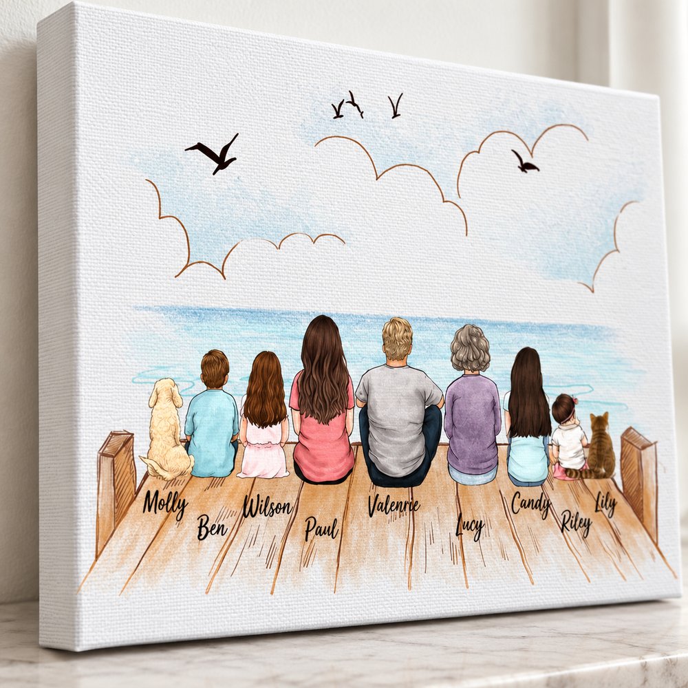 Close up detail of custom family canvas print texture and personalized names on bridge