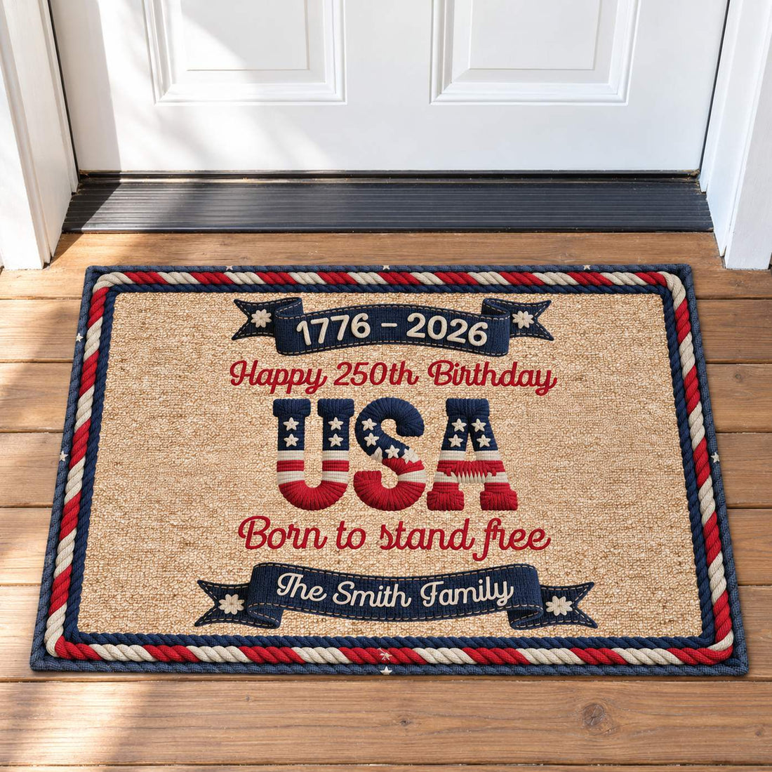 Personalized USA 250th birthday family doormat placed in front of a white front door