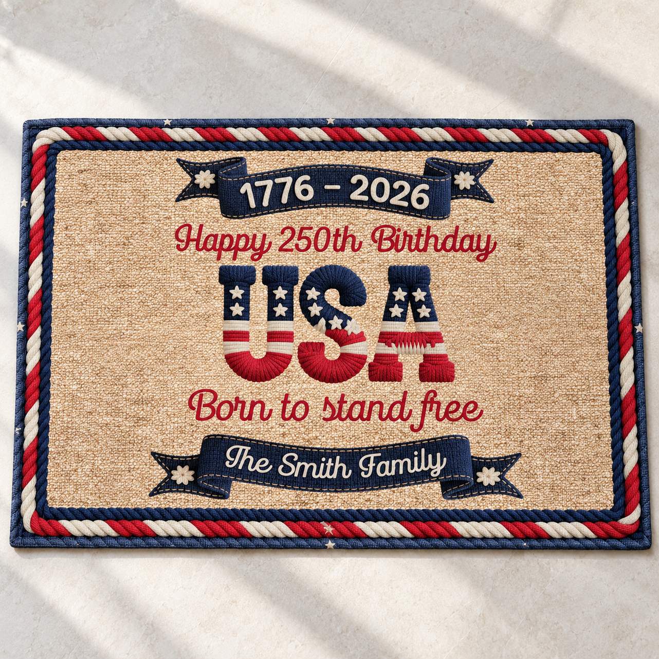 Close-up detail of faux yarn pattern print and border on USA 250th doormat