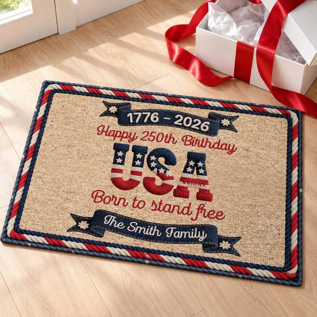 Personalized Smith Family patriotic doormat presented next to a holiday gift box