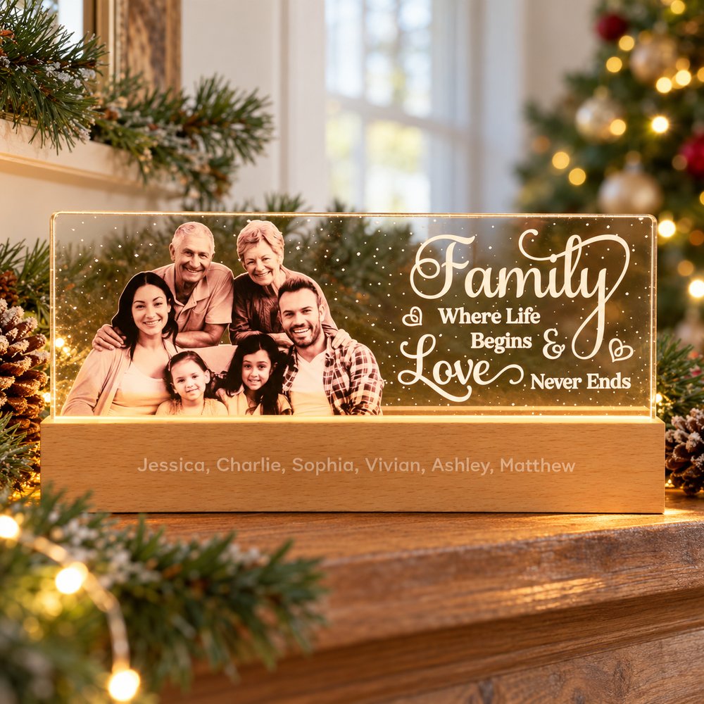 Personalized Family Acrylic LED Night Light displayed on a holiday mantel with Christmas tree background
