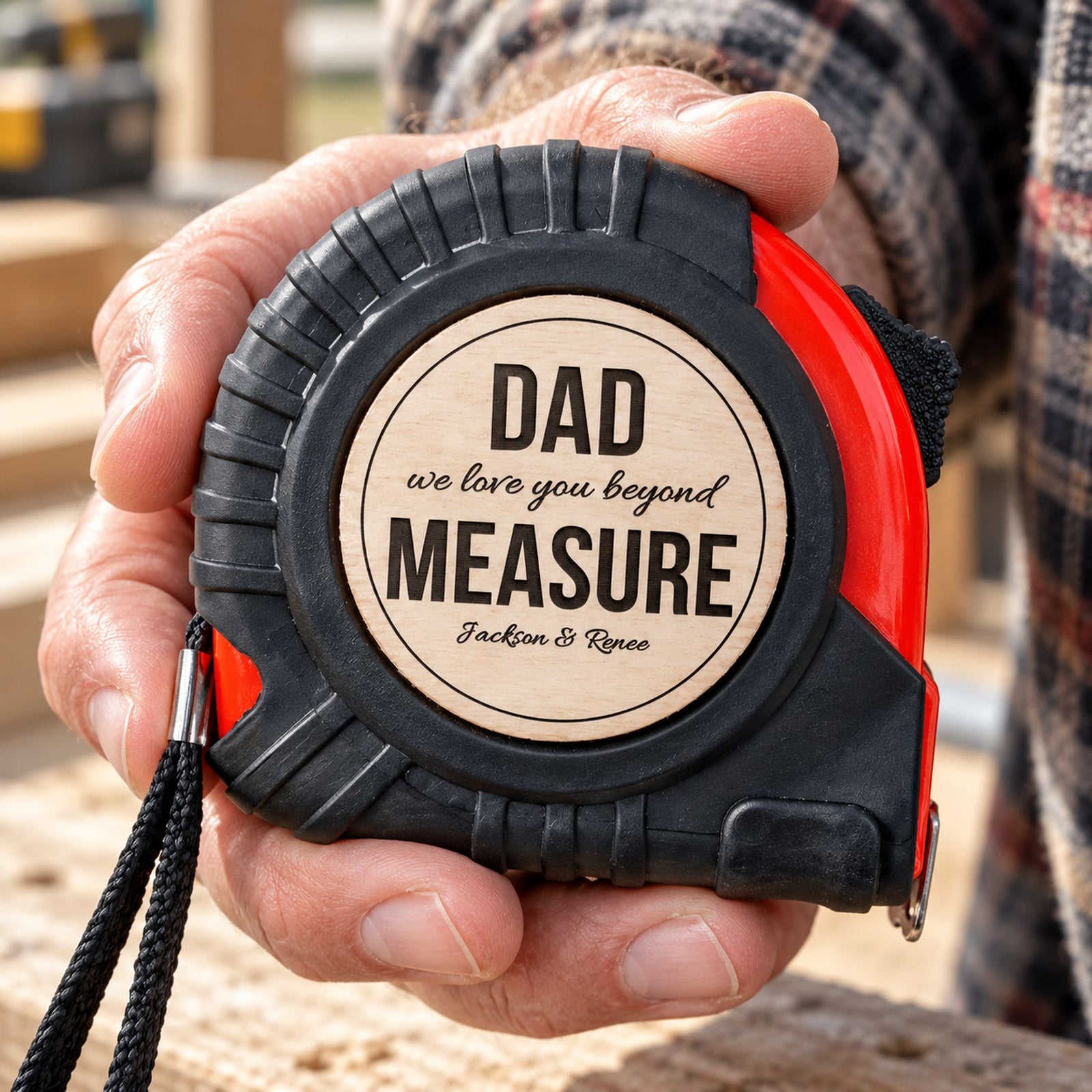 Macro closeup of engraved wood disc and rubber grip on custom tape measure