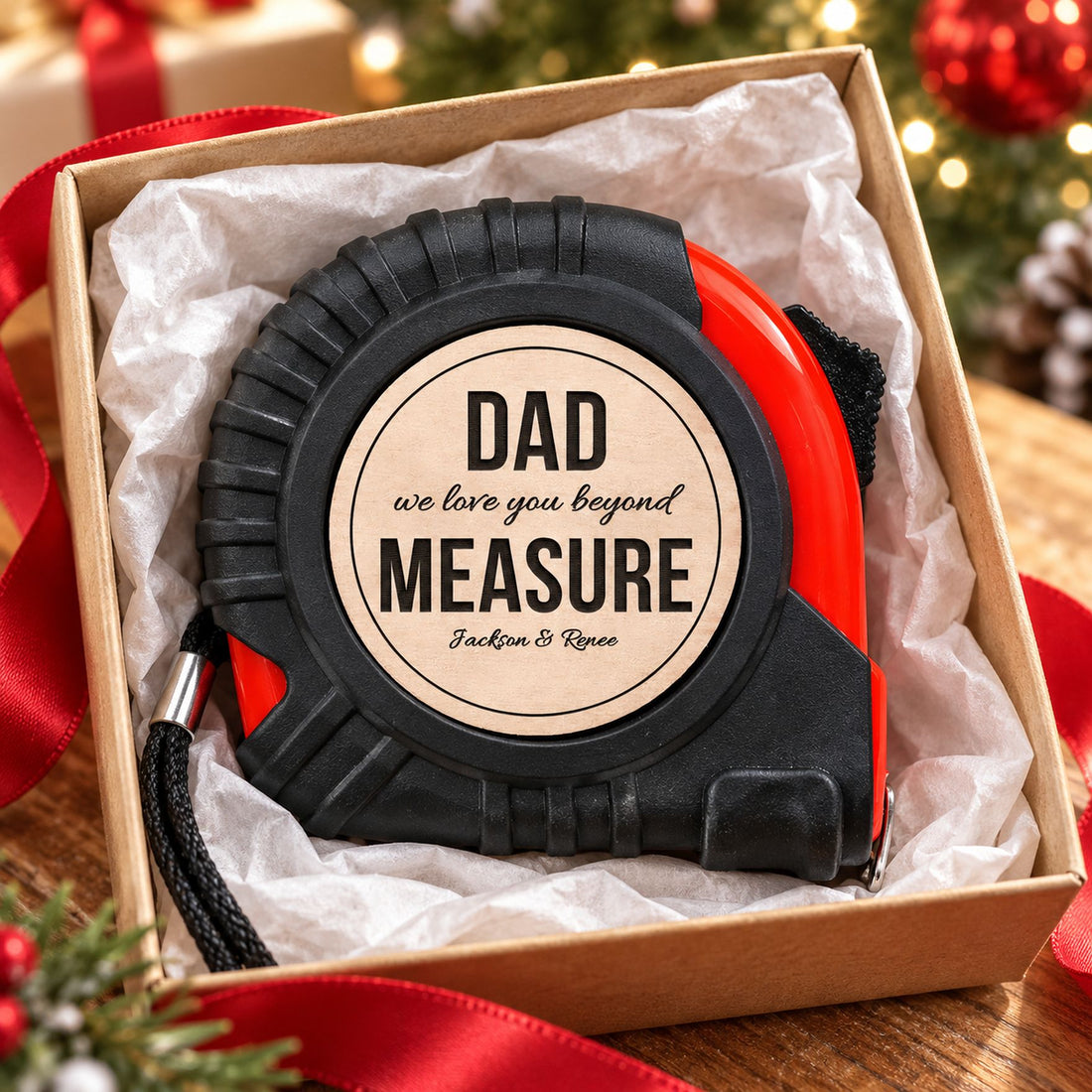 Custom engraved tape measure for Dad in open holiday gift box with ribbon