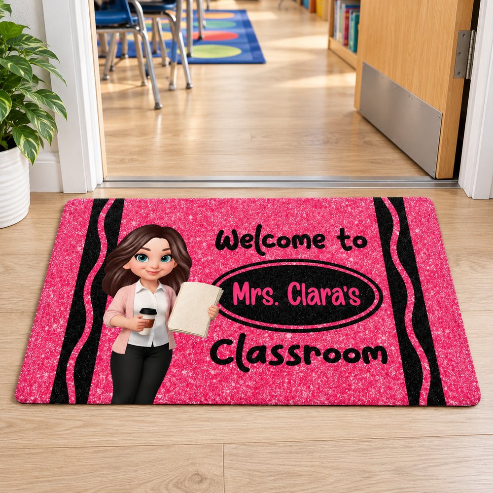 Close up detail of polyester felt texture and faux glitter print on personalized teacher classroom doormat