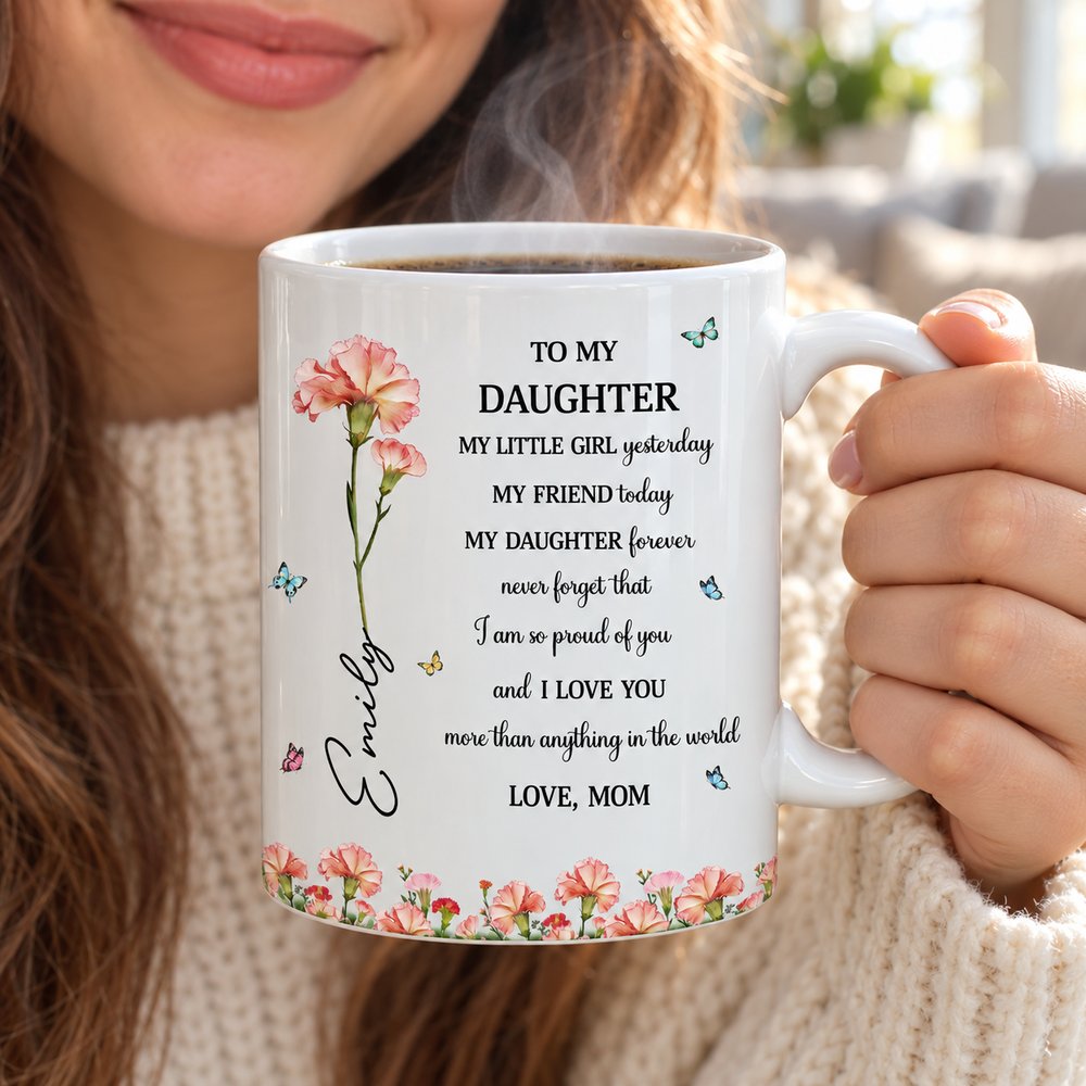Daughter holding personalized birth flower custom coffee mug with warm drink