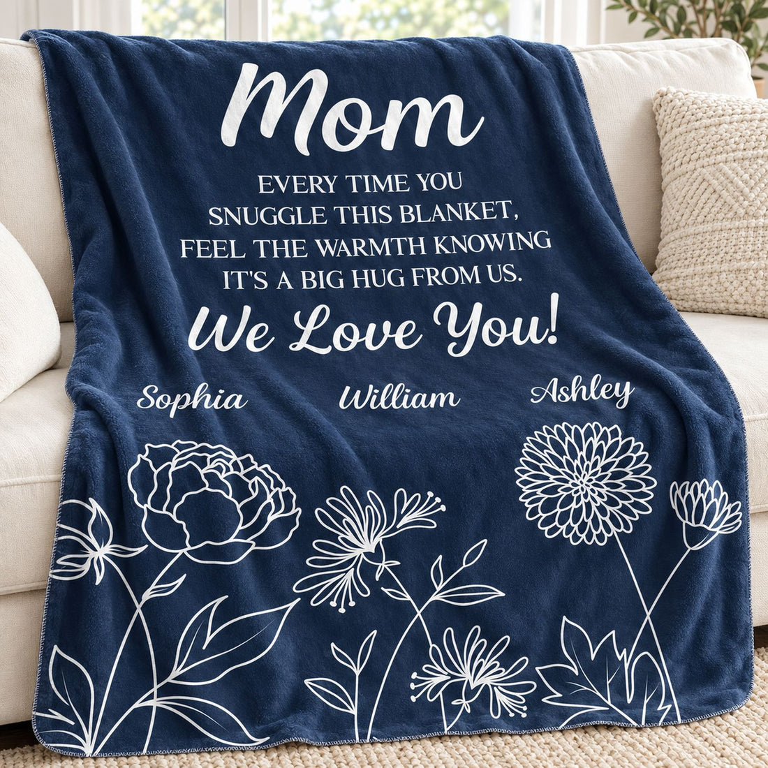 Close-up detail of soft fleece texture and white floral print on custom Mom blanket
