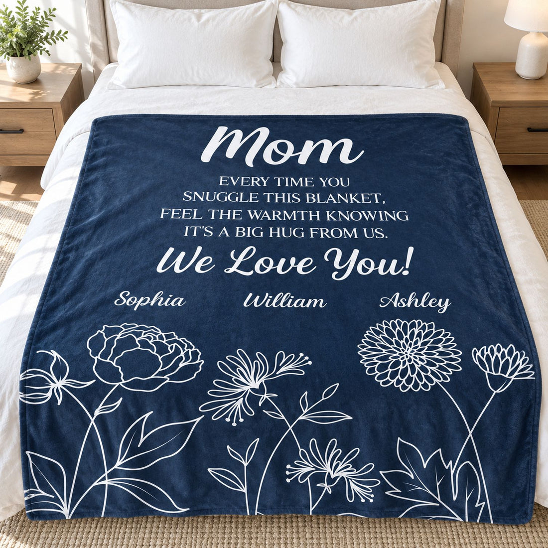 50x60 personalized Mom floral fleece blanket laid across a queen bed showing true scale