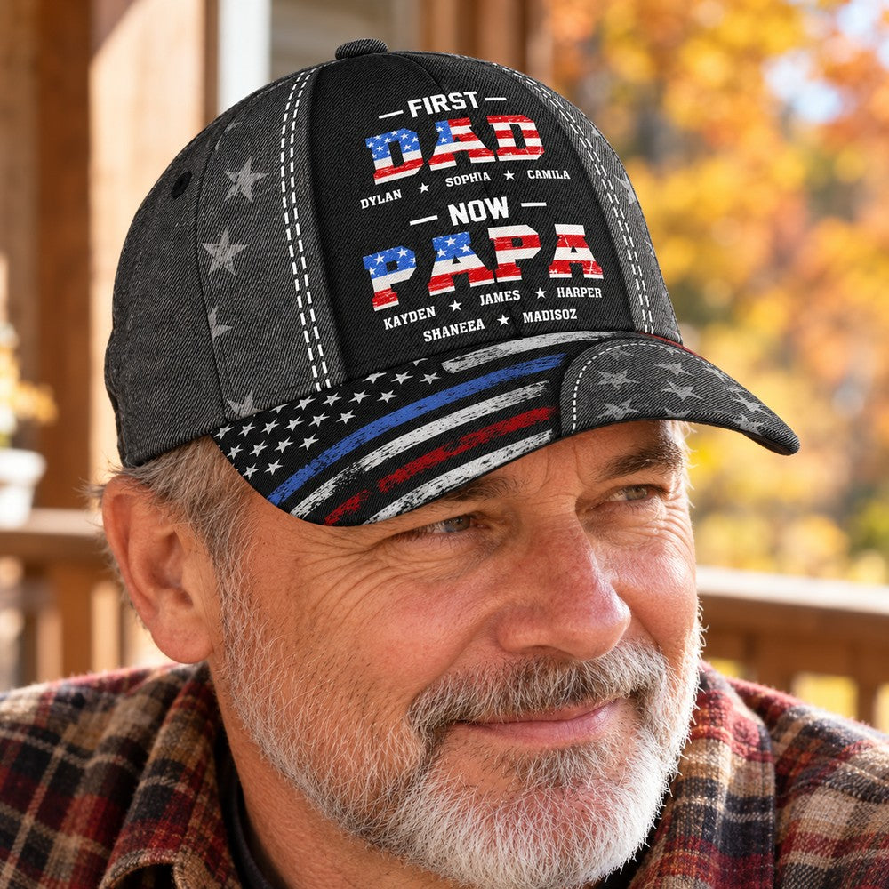 Grandpa wearing First Dad Now Papa personalized classic cap outdoors on a sunny porch
