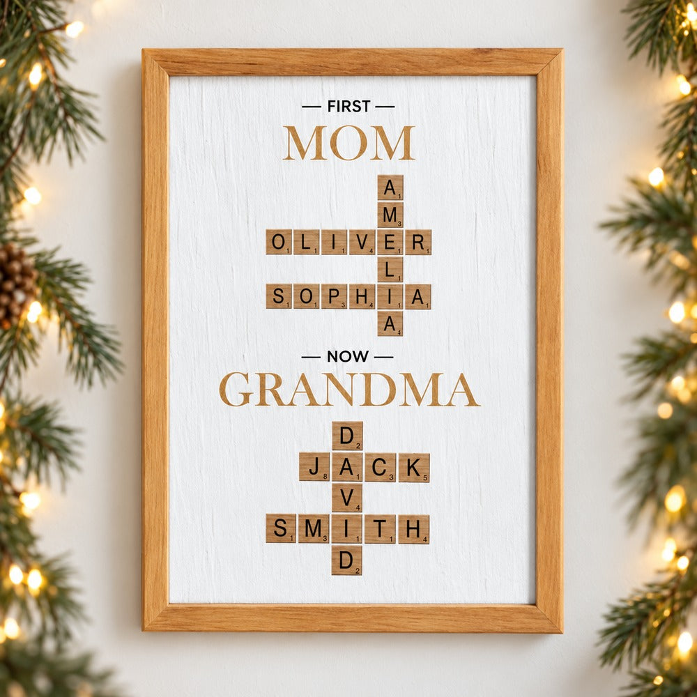 Grandma personalized crossword canvas hanging on wall with holiday garland