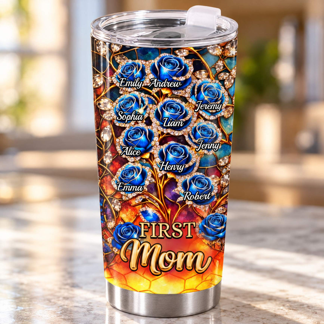 Close up detail of personalized blue rose print and stainless steel tumbler base