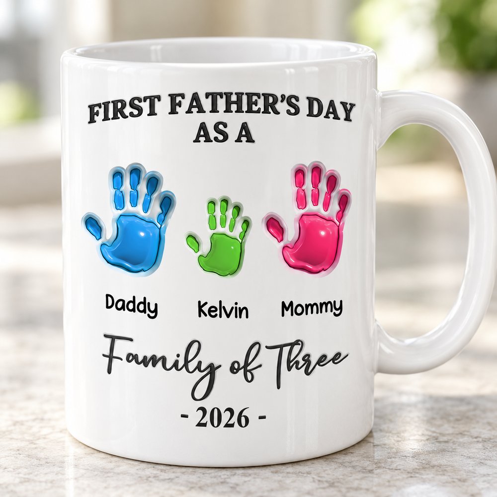 Close-up detail of 3D inflated effect handprints print on glossy white ceramic mug