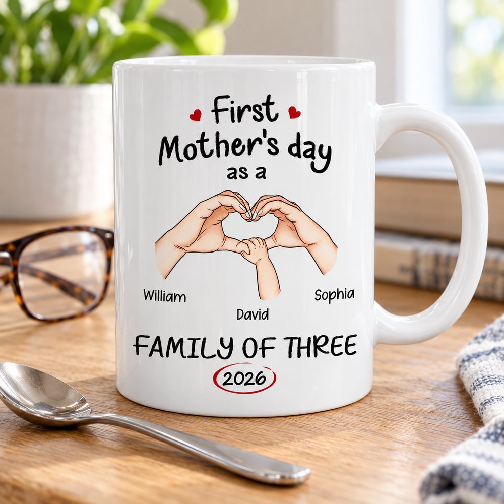 Personalized Family of Three ceramic mug next to spoon and glasses showing true 11oz size
