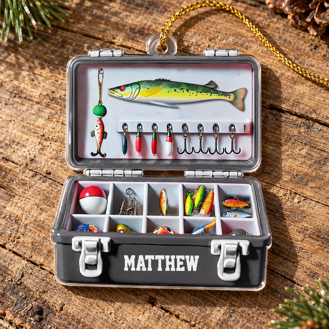 Close-up detail of personalized fishing tackle box flat acrylic ornament print and glossy edge
