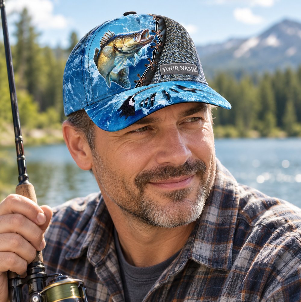 Dad wearing personalized fishing water classic cap outdoors by a lake