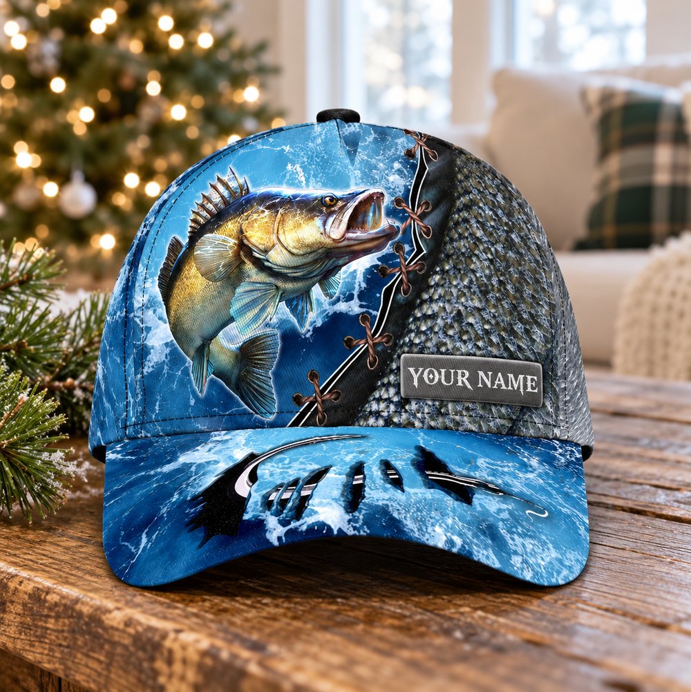 Personalized fishing classic cap on wooden table near Christmas tree