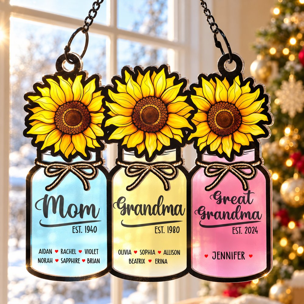 Mom Grandma Great Grandma mason jar suncatcher hanging by a window near a Christmas tree