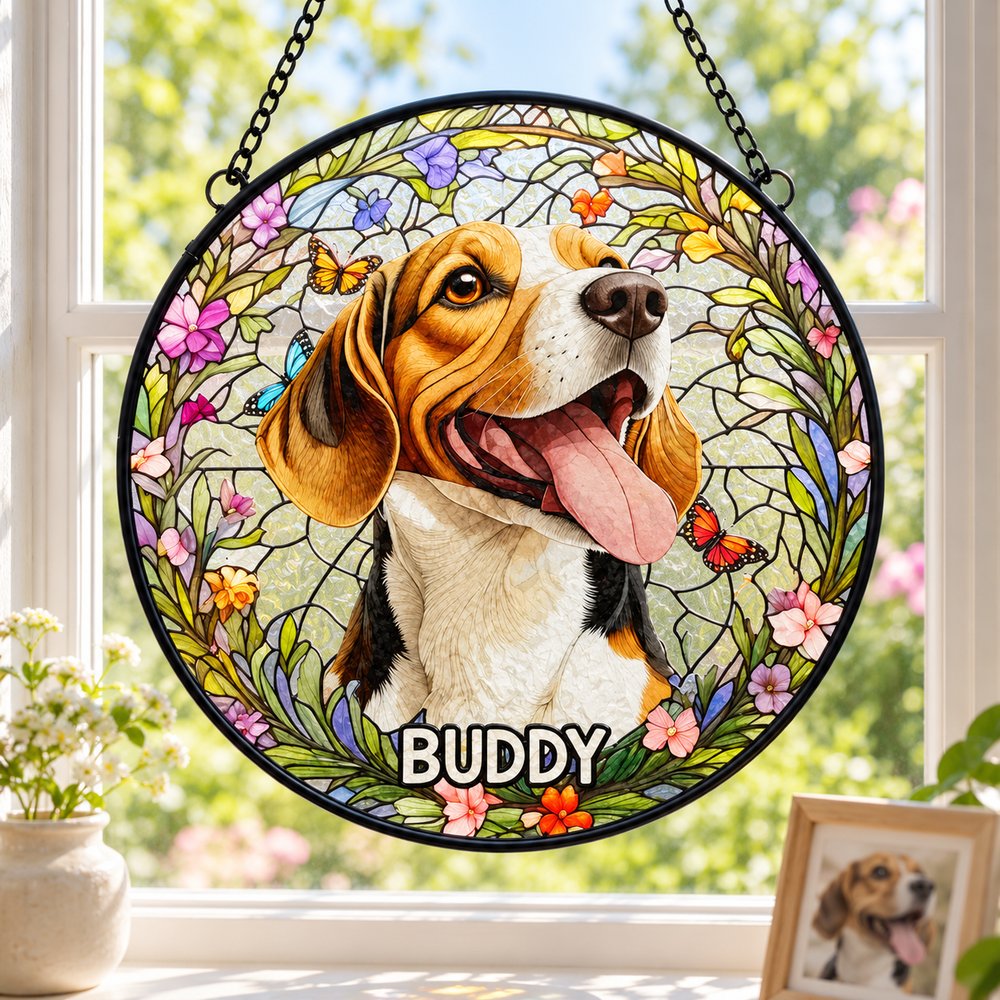 Custom photo beagle stained glass window hanging suncatcher displayed on a sunny home window