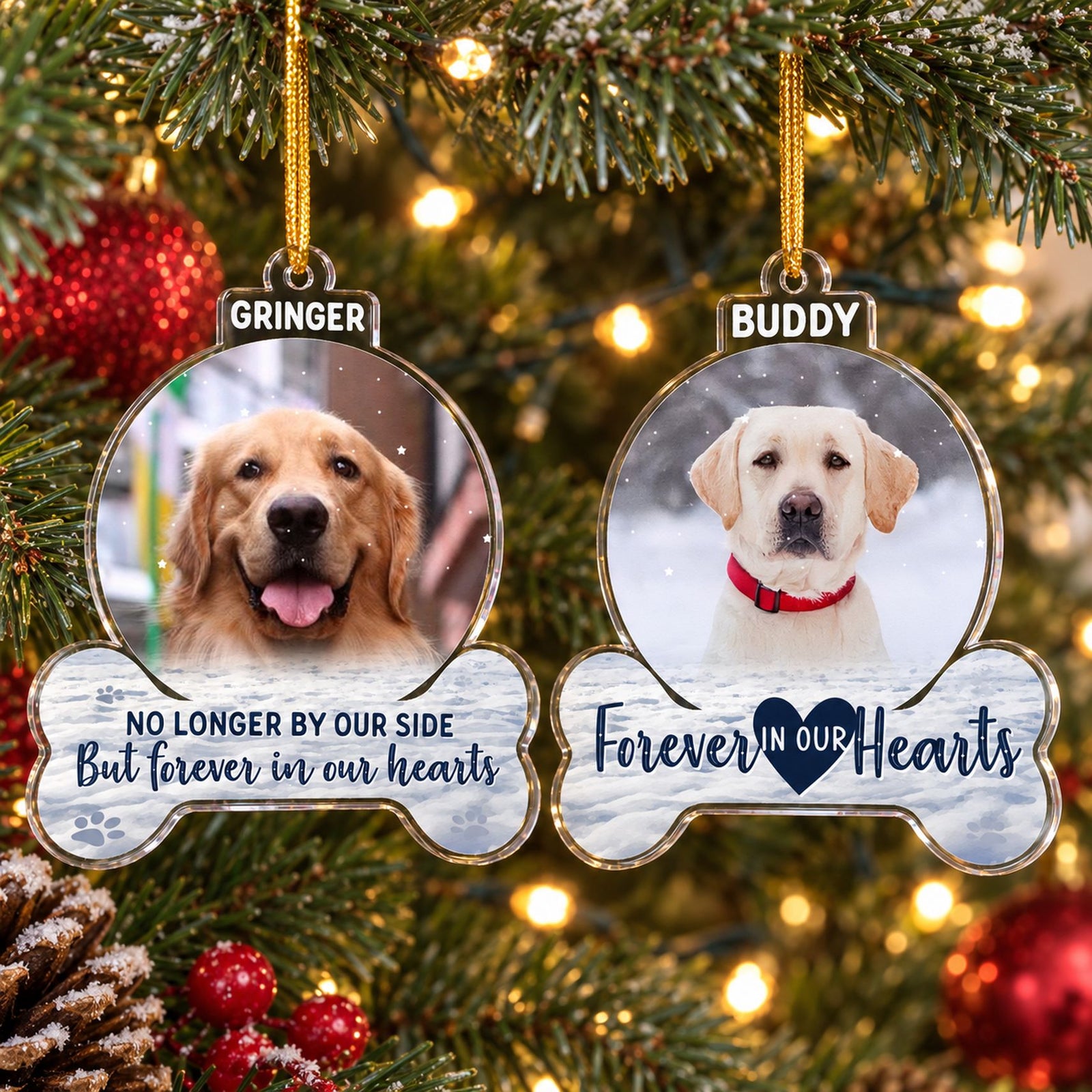Custom photo dog memorial acrylic ornament hanging on a Christmas tree branch