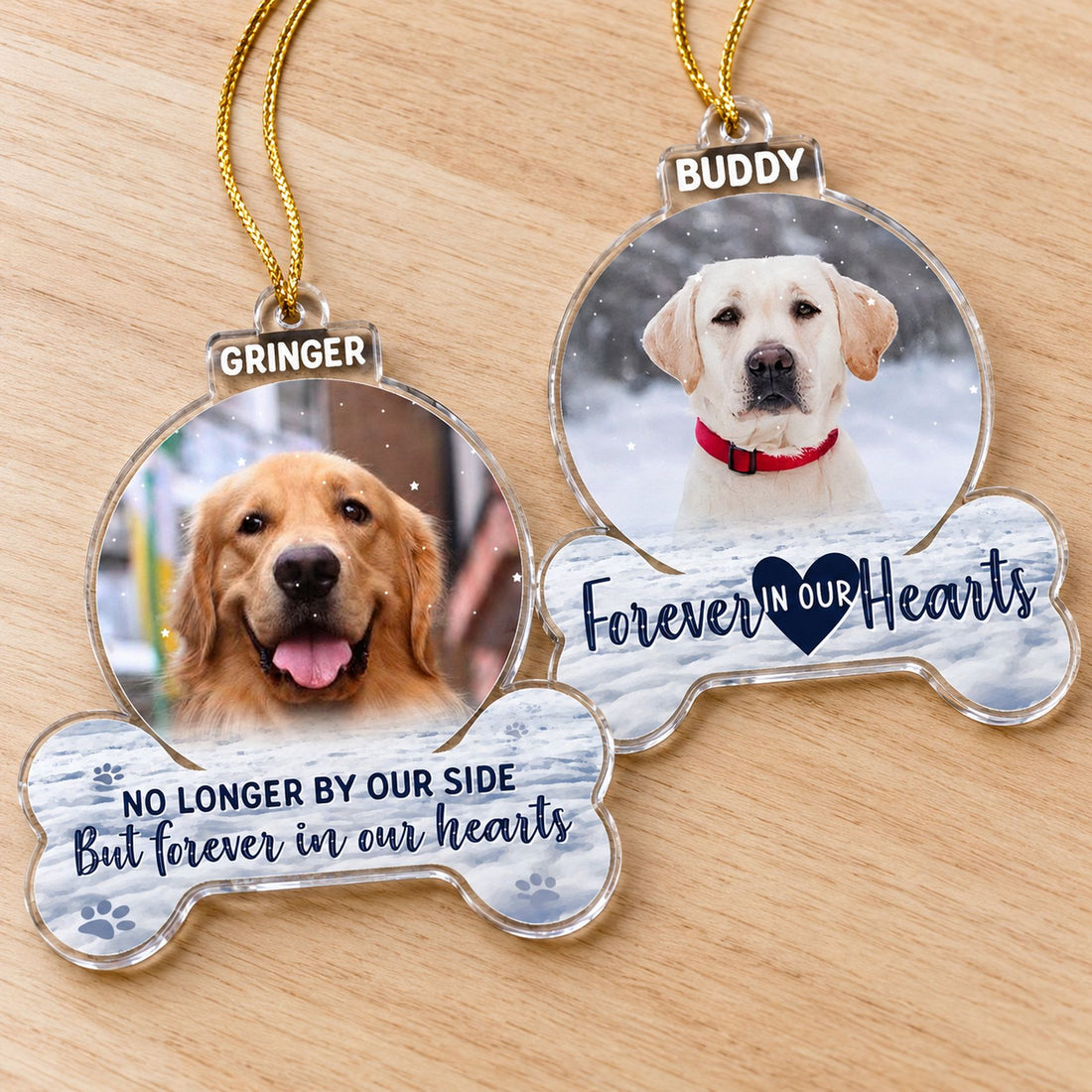 Close-up detail of the clear acrylic edge and vibrant print on pet memorial ornament