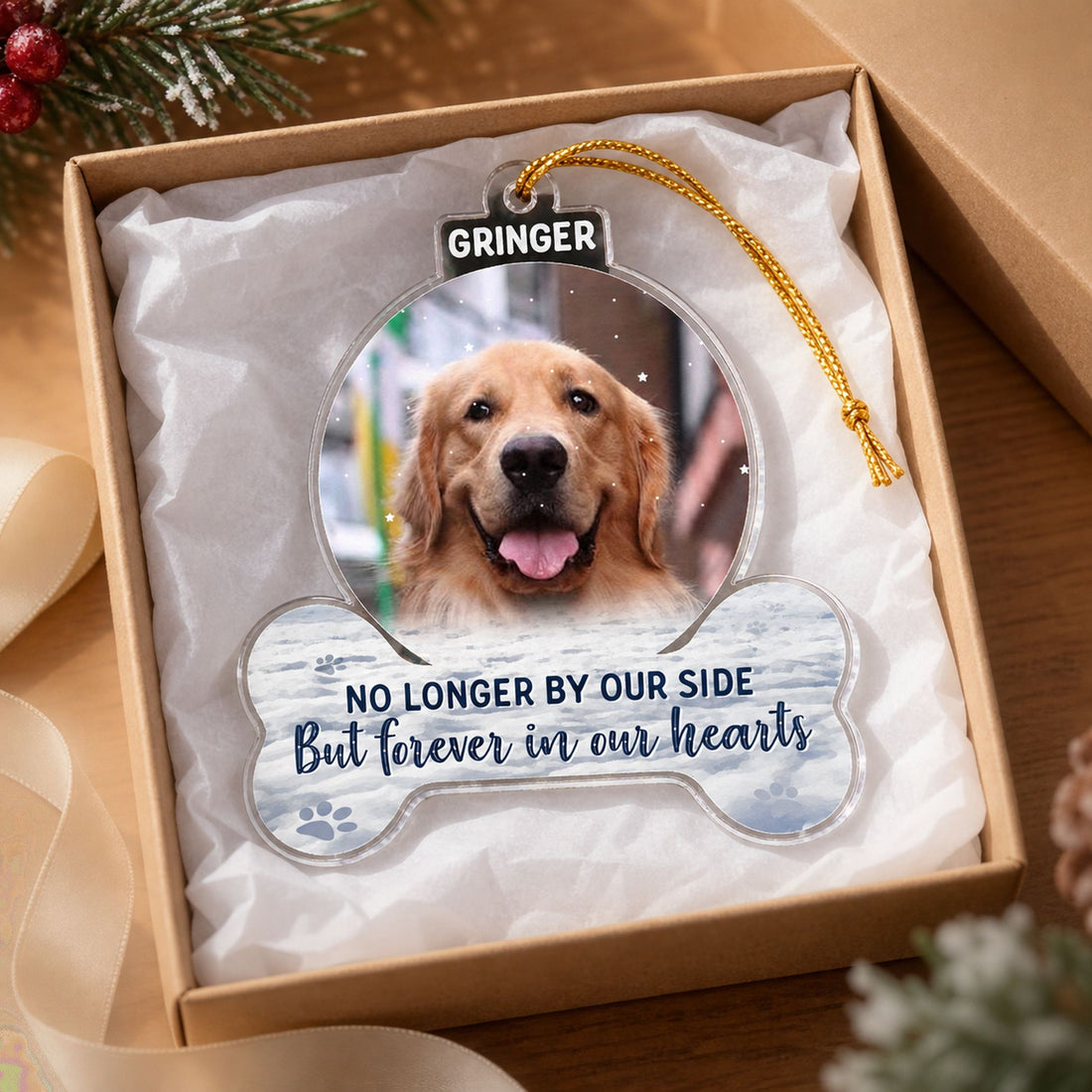 Custom dog memorial acrylic ornament in an open gift box with tissue paper