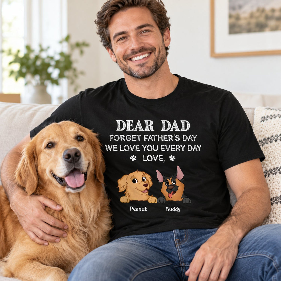 Dog Dad wearing personalized Dear Dad Forget Fathers Day black t-shirt on a sofa with his golden retriever