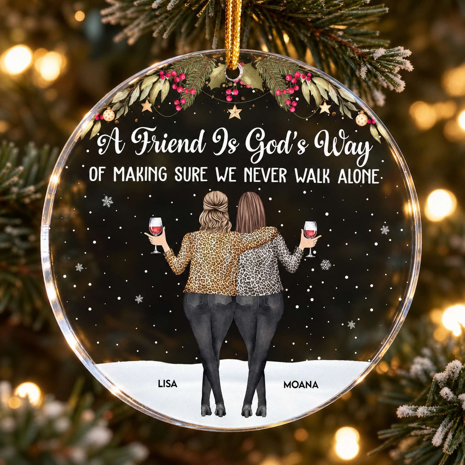 Close-up detail of the glossy acrylic edge and print on the Friends We Never Walk Alone ornament