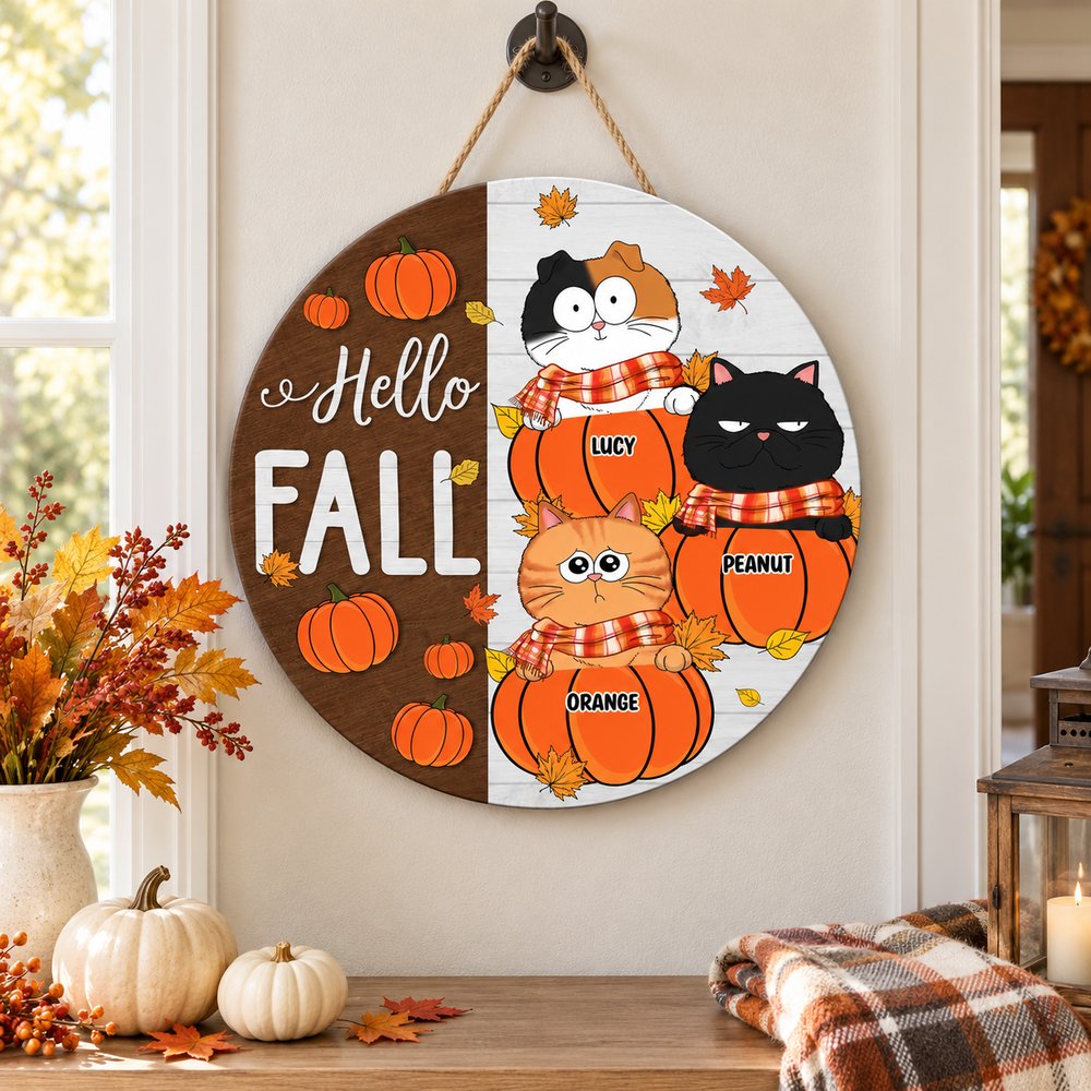 Funny Cats Hello Fall personalized round wood sign hanging above an autumn entryway table with pumpkins