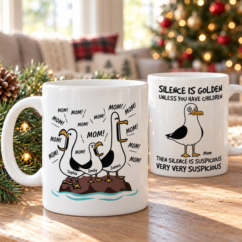 Personalized seagull Mom mug on wooden table with holiday garland and Christmas tree