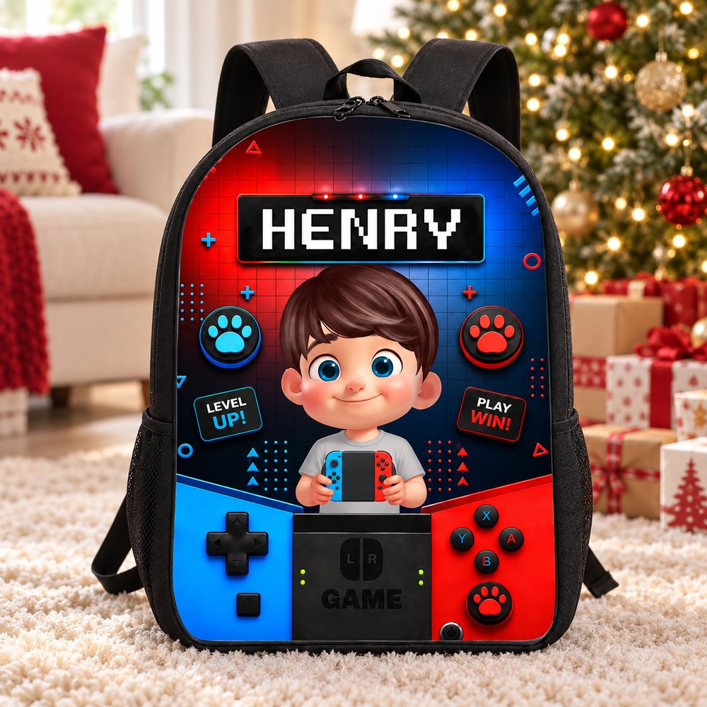 Personalized gamer kid backpack in front of a Christmas tree as a holiday gift