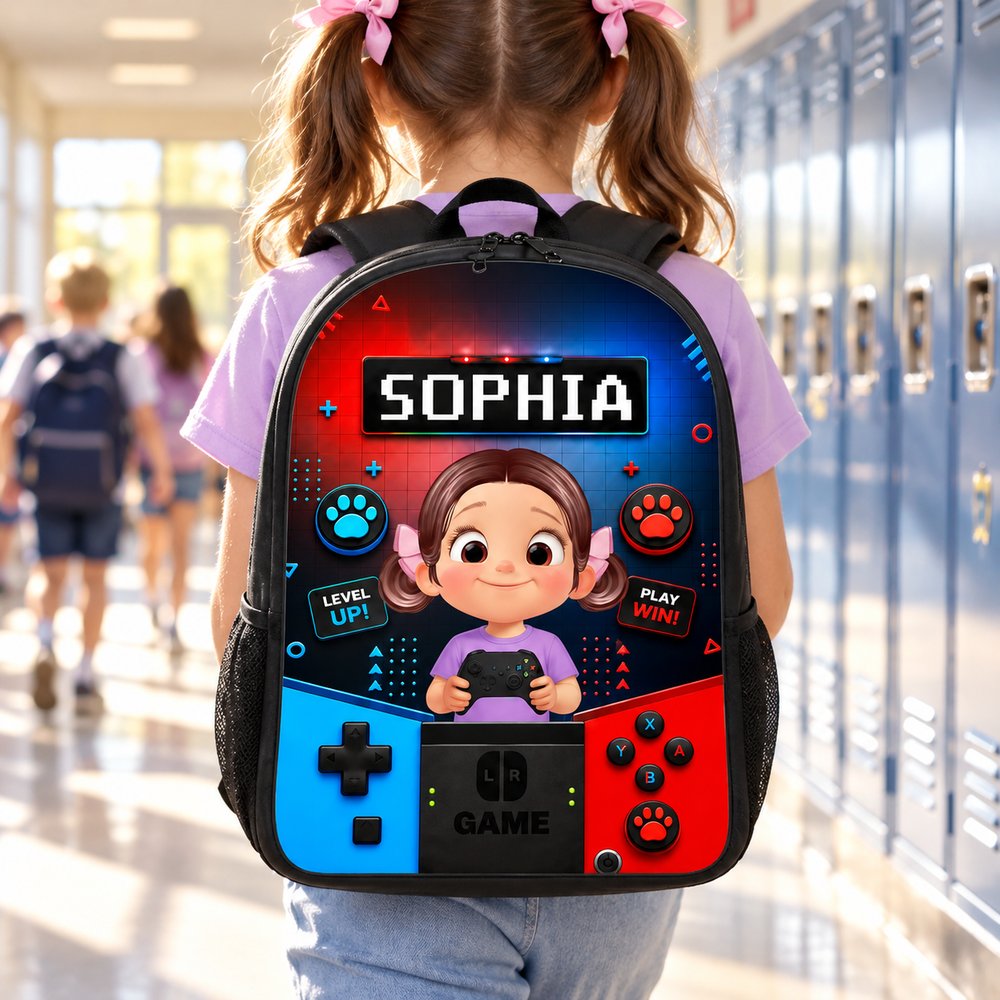 Young girl wearing the personalized gamer backpack in a bright school hallway