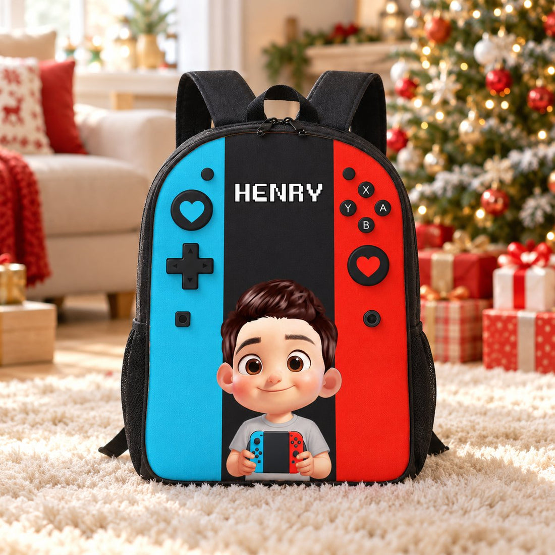 Personalized gamer kid backpack standing near a Christmas tree as a holiday gift for boys
