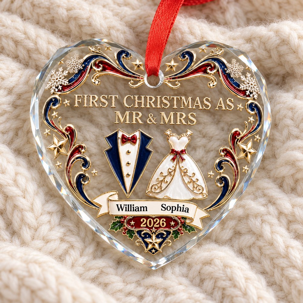 Close up detail of beveled edges and print on personalized Mr and Mrs heart glass ornament
