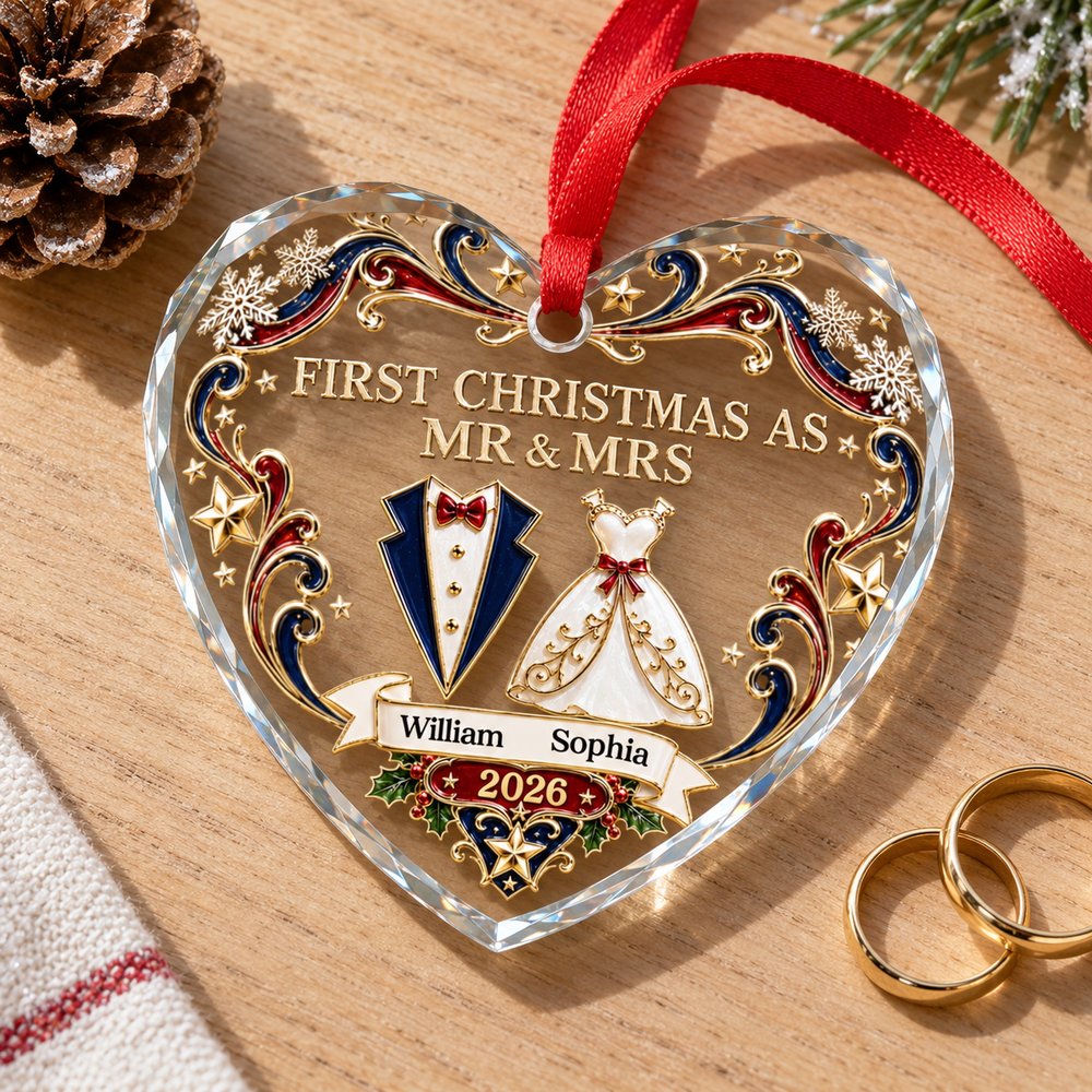 Personalized newlywed heart glass ornament next to wedding rings showing real 3 inch scale