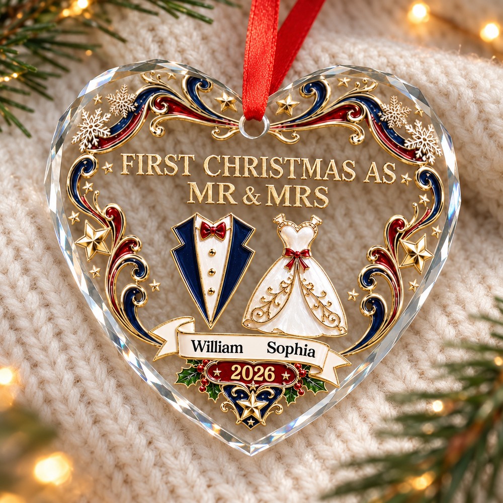 Personalized newlywed heart glass ornament lying on cream knit fabric with Christmas pine sprigs