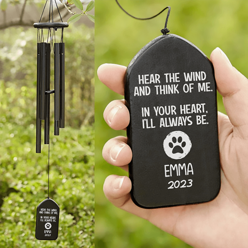 Custom Memorial Gift - Hear The Wind And Think Of Me - Personalized Wind Chimes | Sympathy, Bereavement, Condolence Gift for Pet Loss, Dog & Cat Lover 1