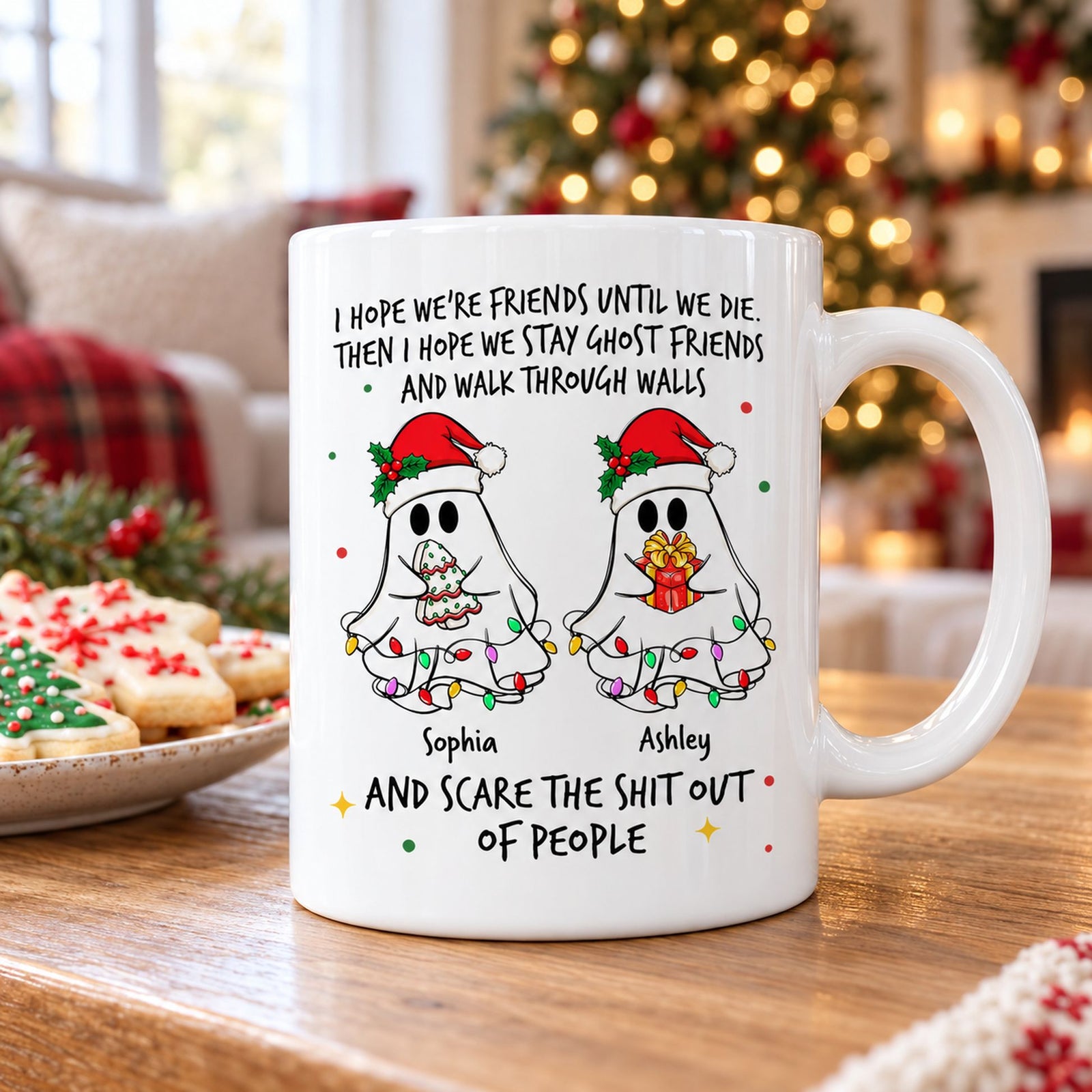 Personalized Ghost Friends Christmas ceramic mug on holiday coffee table near Christmas tree
