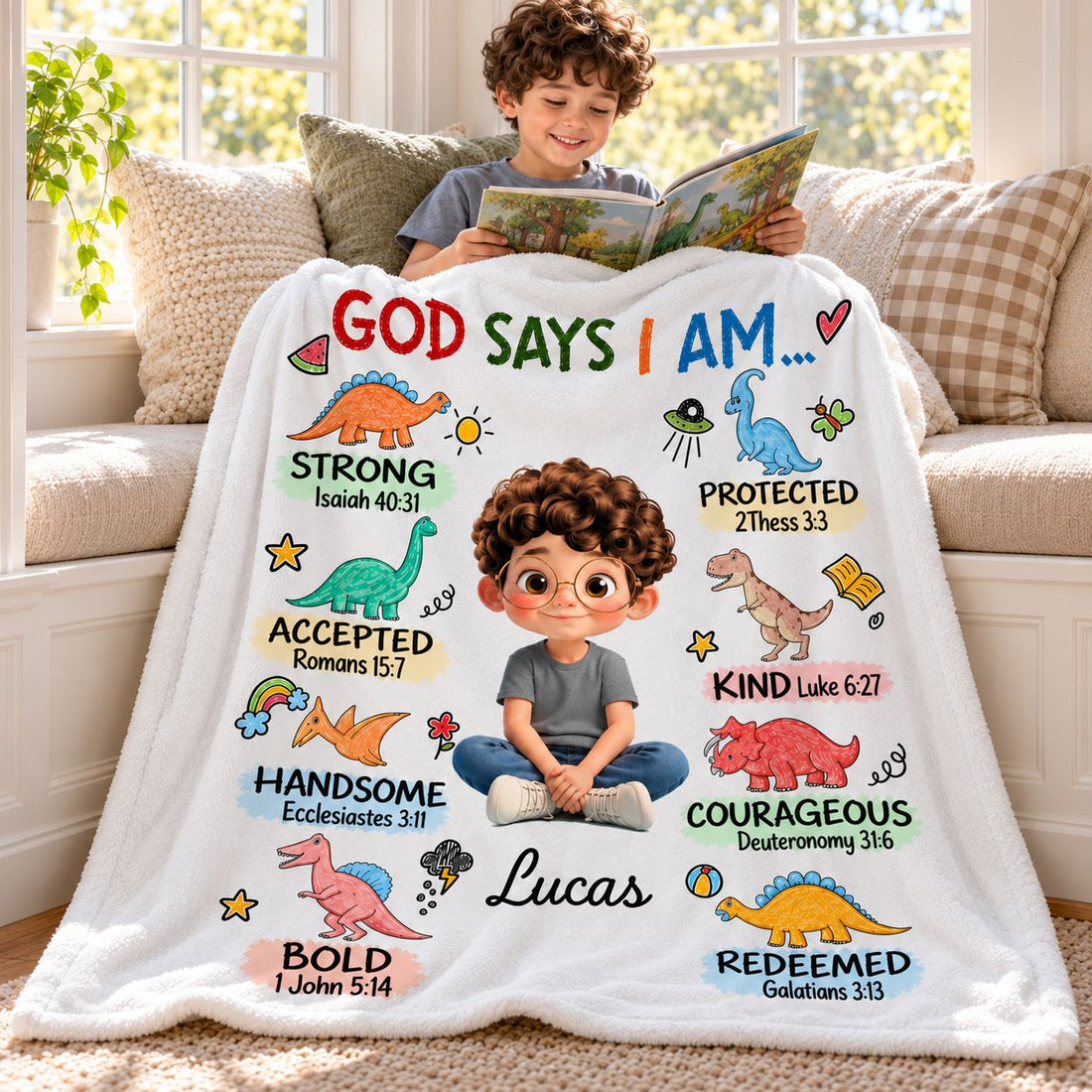 Young boy sitting on window seat covered with personalized Christian dinosaur blanket