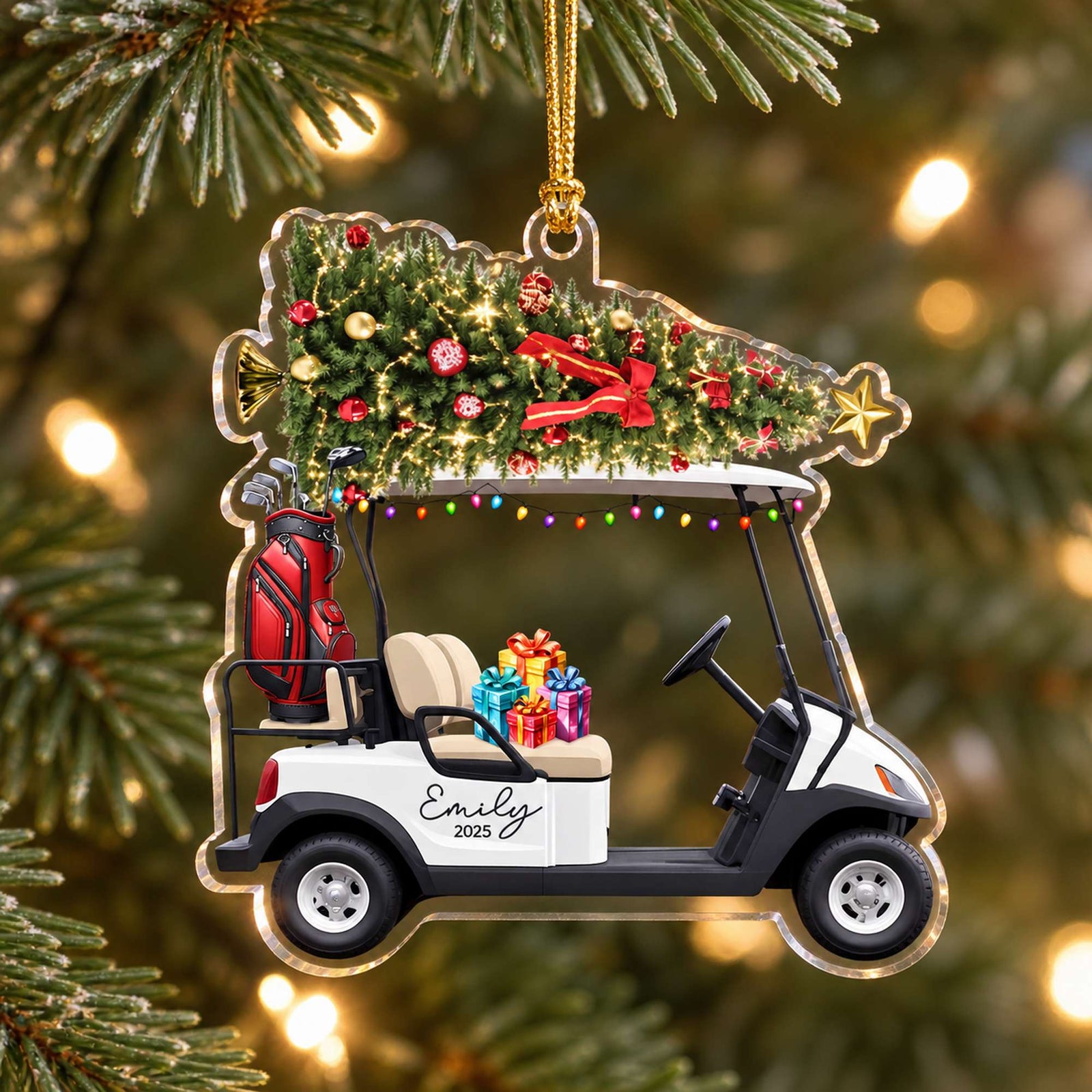 Personalized golf cart Christmas acrylic ornament Emily 2025 hanging on a Christmas tree branch