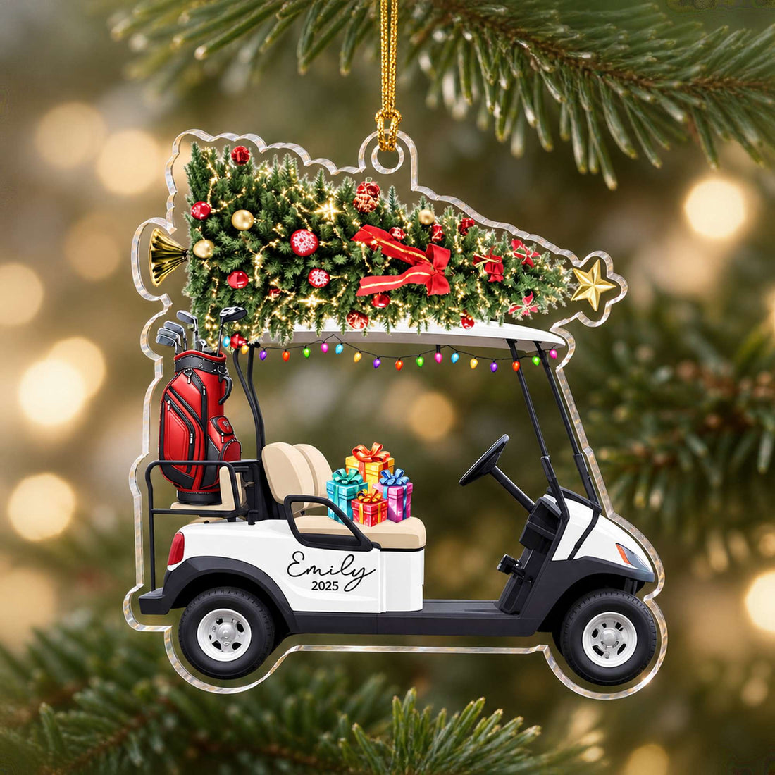Close-up detail of UV print and clear acrylic edge on personalized golf cart Christmas ornament