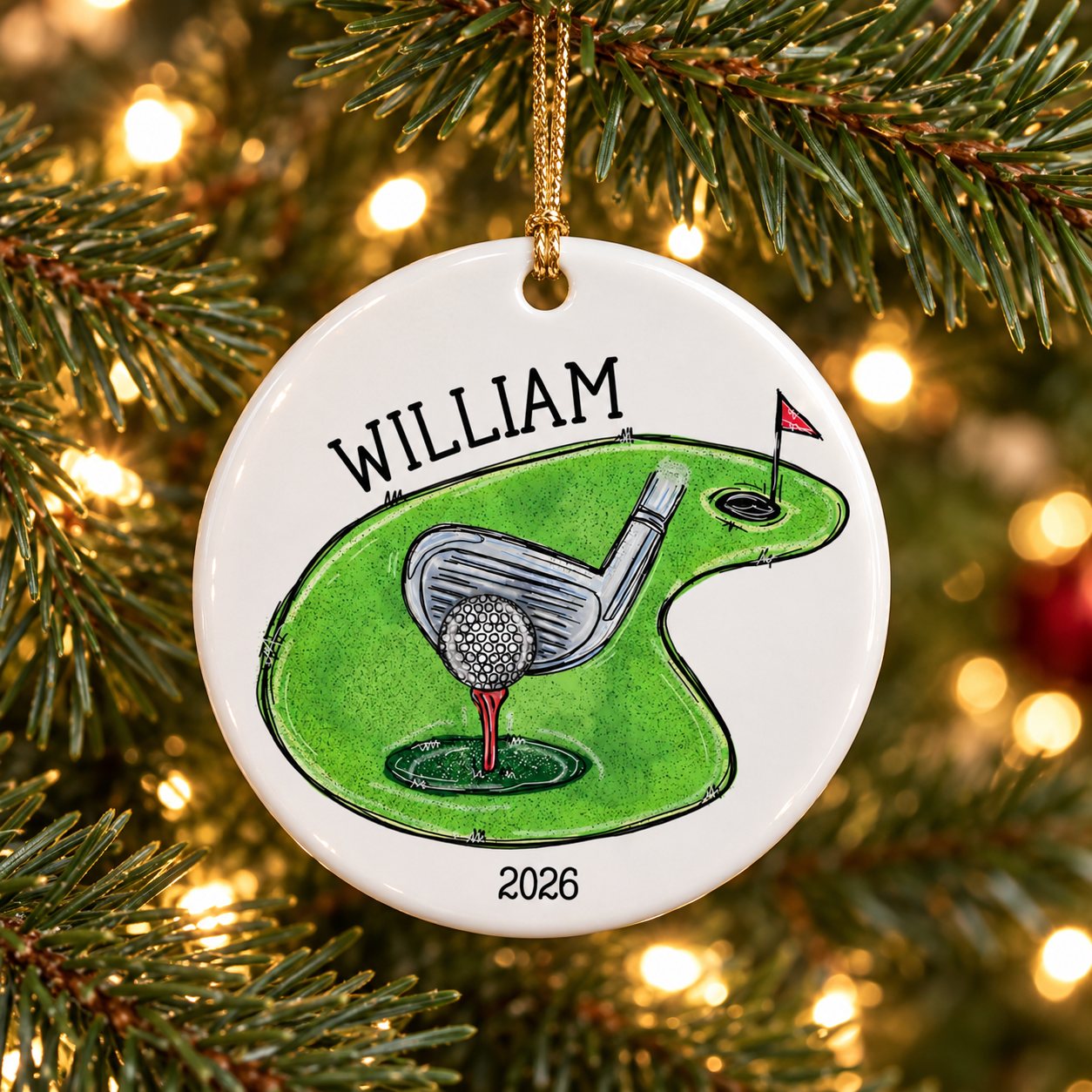 Personalized William 2026 golfer dad ceramic ornament hanging on a Christmas tree branch