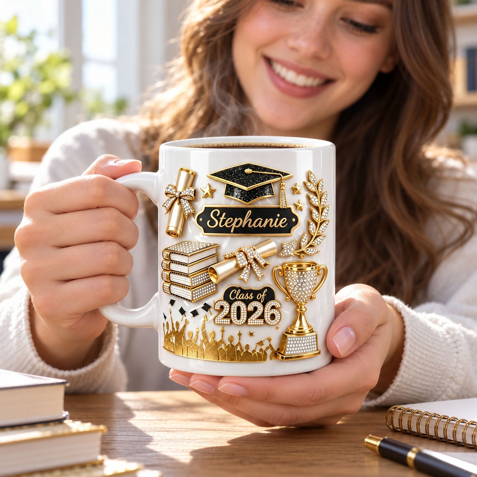 Personalized graduation mug held with warm coffee at a bright wooden study desk