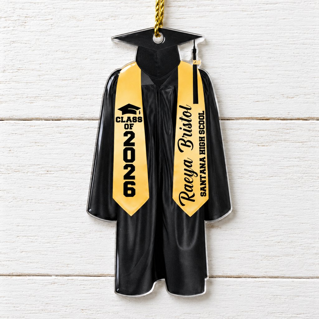Close up detail of custom shaped acrylic graduation ornament showing glossy finish and crisp printed stole