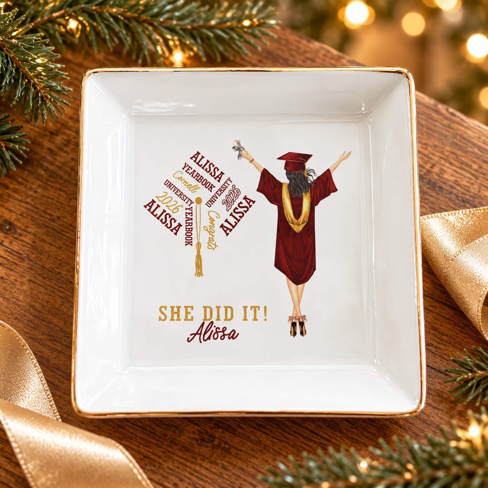 Graduation gift personalized ceramic jewelry dish in a festive holiday setting