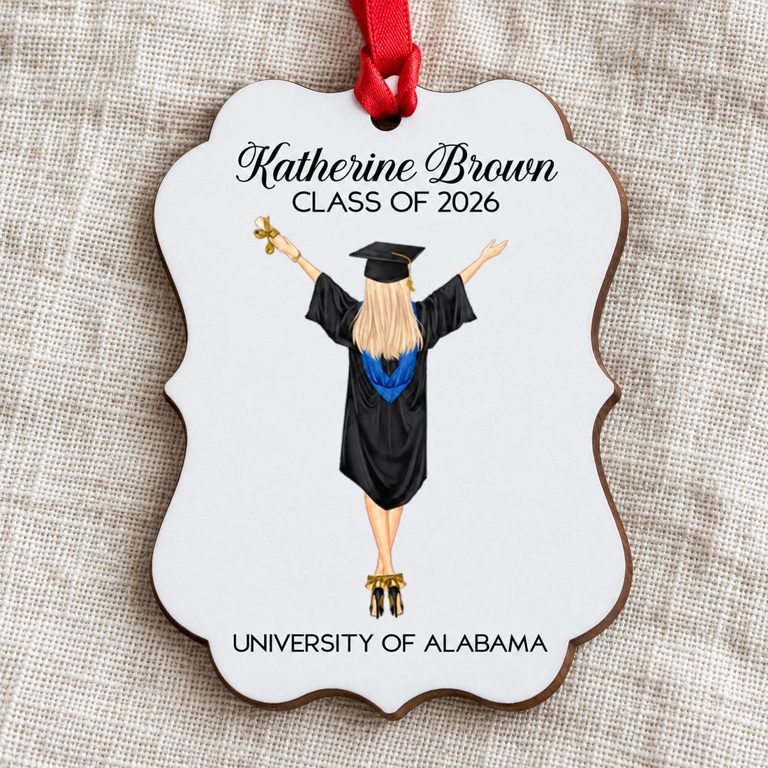 Close-up detail of personalized wood graduation ornament print quality and laser-cut edge