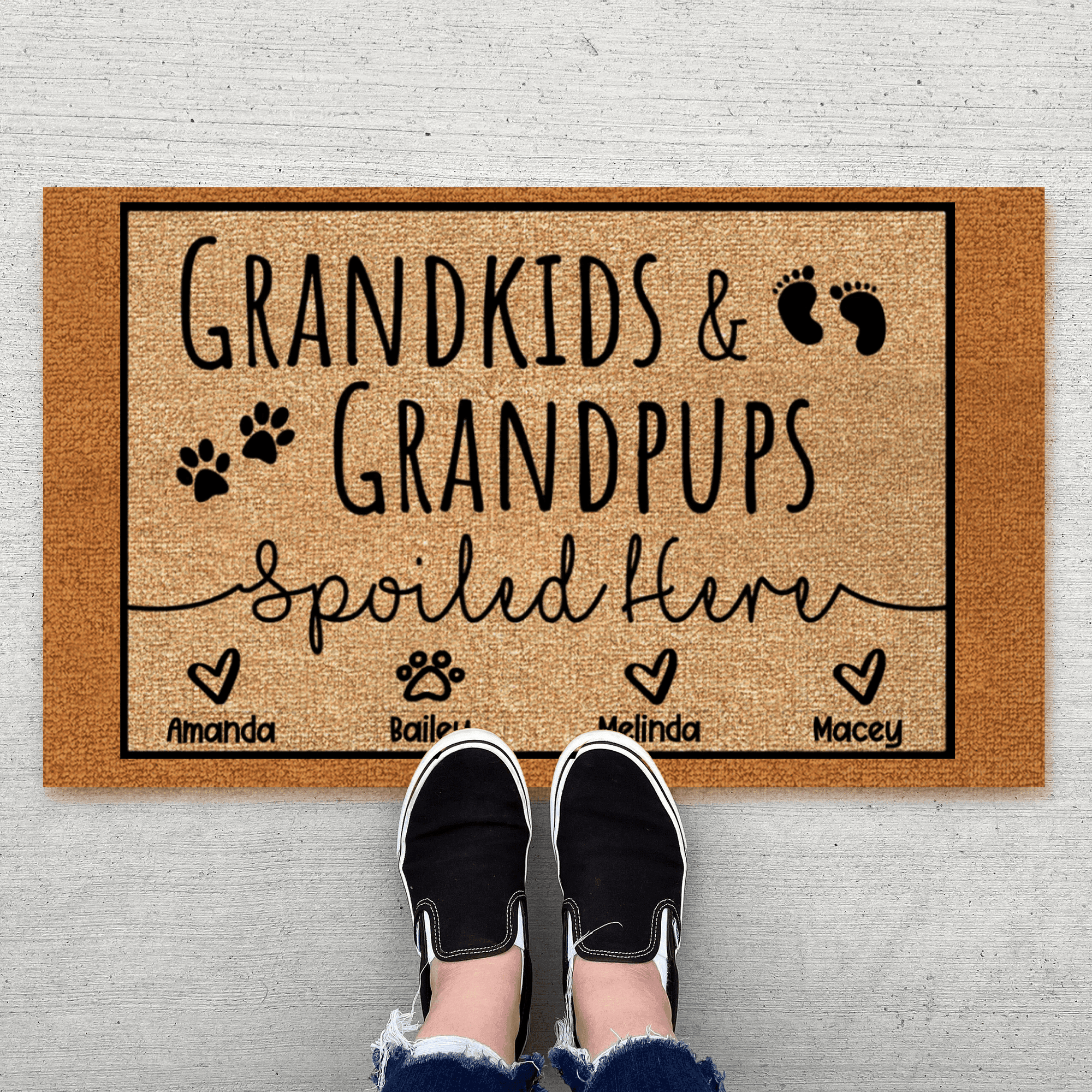 Grandkids and Grandpups Spoiled Here - Personalized Doormat - Birthday, Housewarming, Funny Gift for Homeowners, Grandmas, Grandparents, Dog Mom, Dog Dad, Dog Lovers, Pet Gifts - Suzitee Store