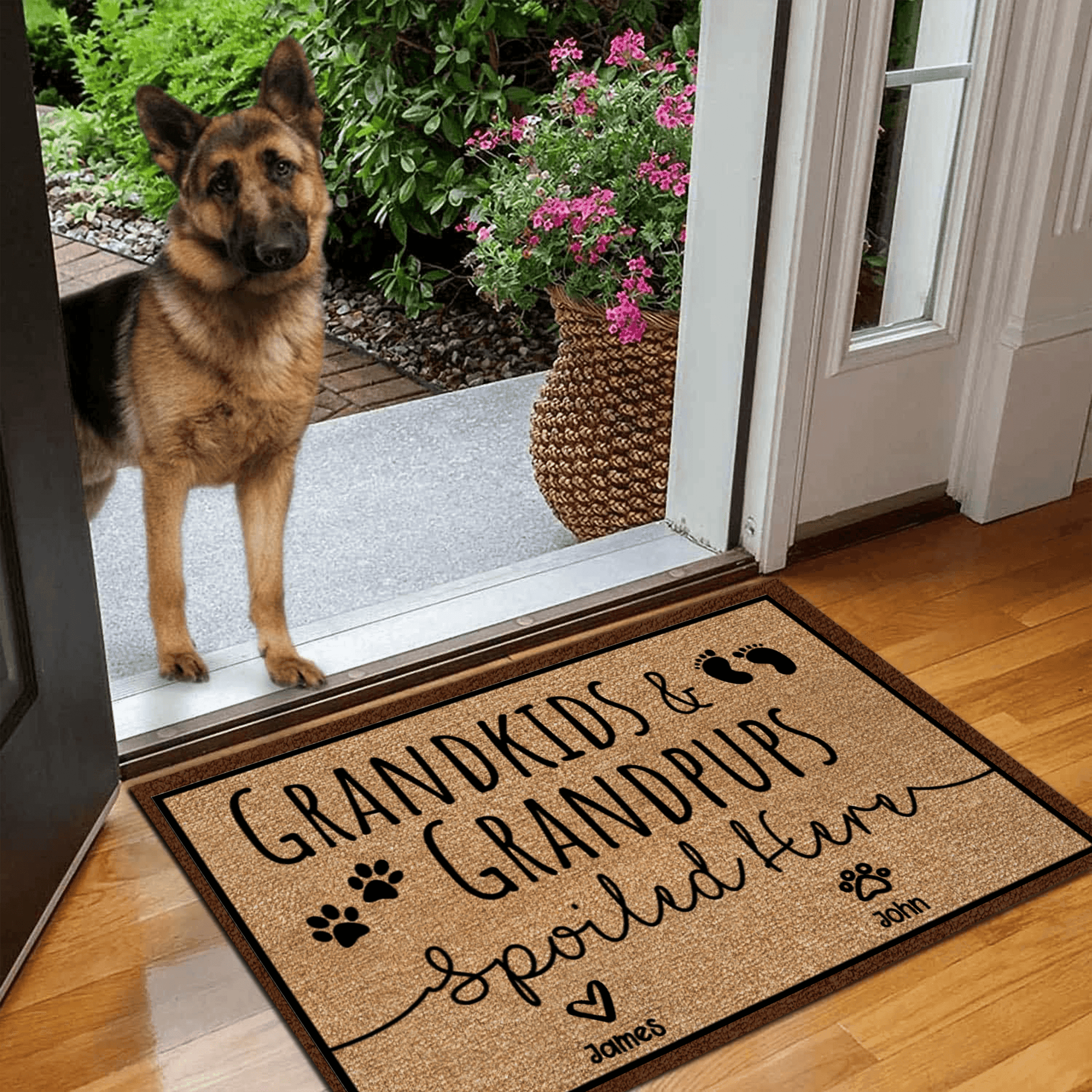 Grandkids and Grandpups Spoiled Here - Personalized Doormat - Birthday, Housewarming, Funny Gift for Homeowners, Grandmas, Grandparents, Dog Mom, Dog Dad, Dog Lovers, Pet Gifts - Suzitee Store